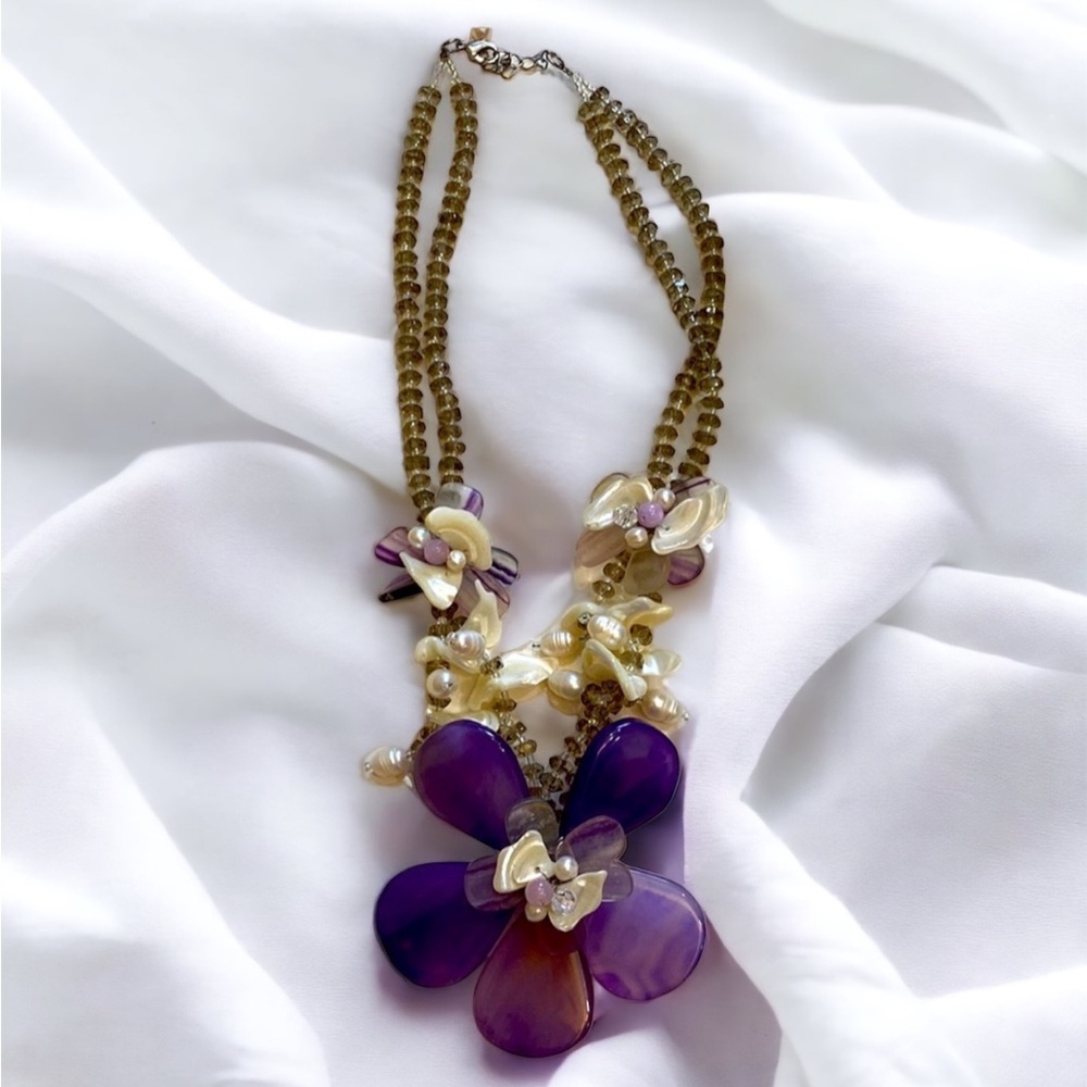 Vintage Purple Dragon Vein Floral Beaded Agate Necklace